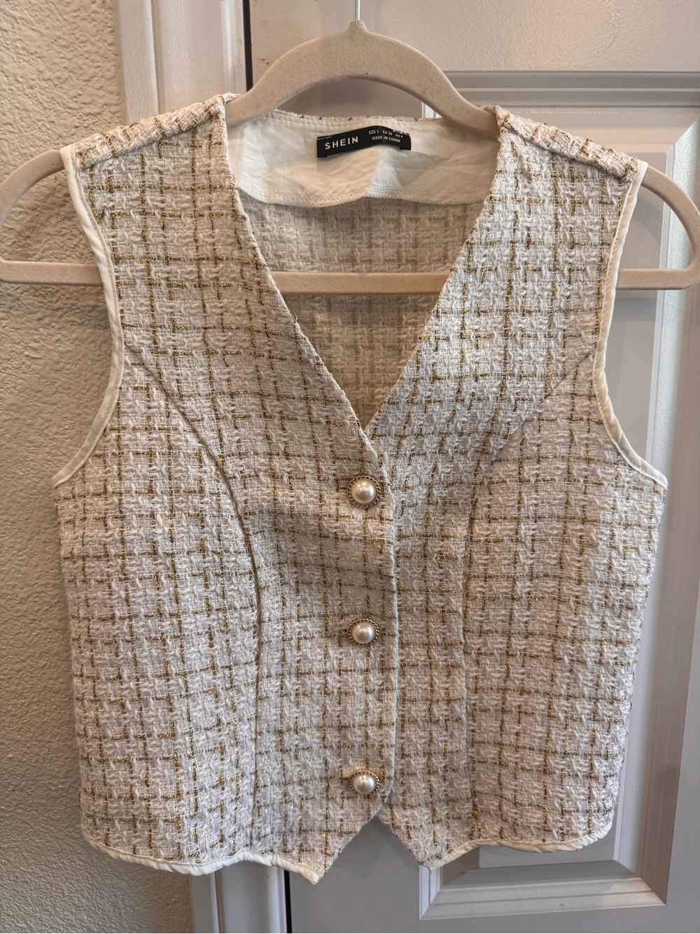 SHEIN Cream Tweed Pearl-Button V-Neck Vest